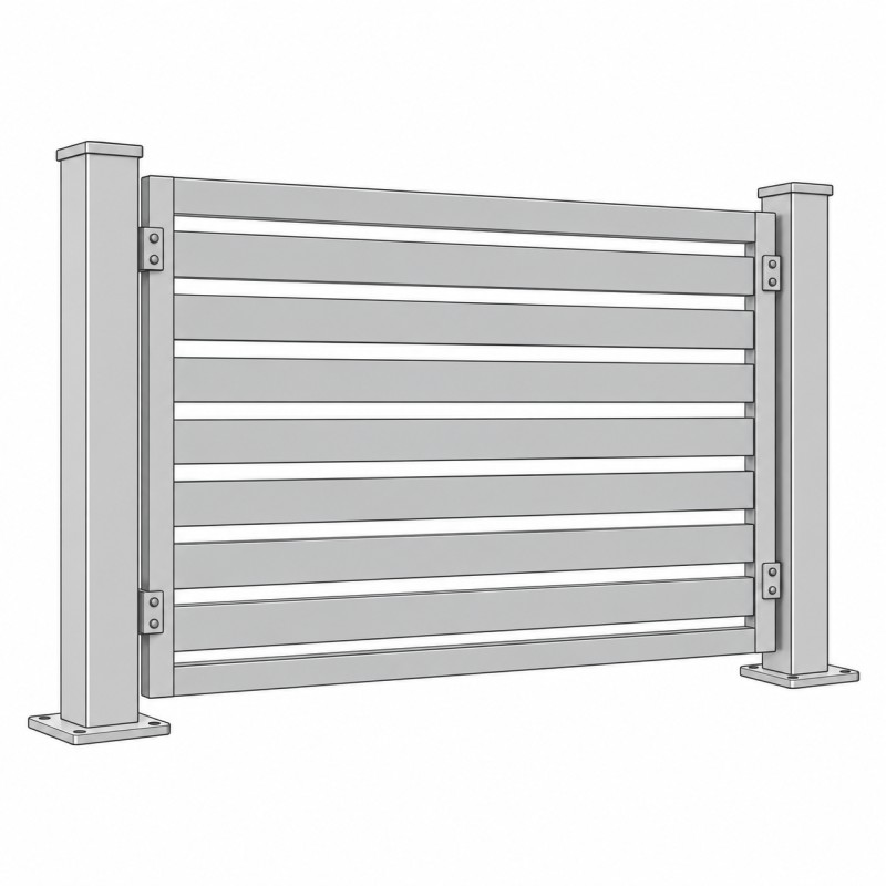 Panel fijo de valla con lamas horizontales en gris claro, con los soportes de fijación a los postes