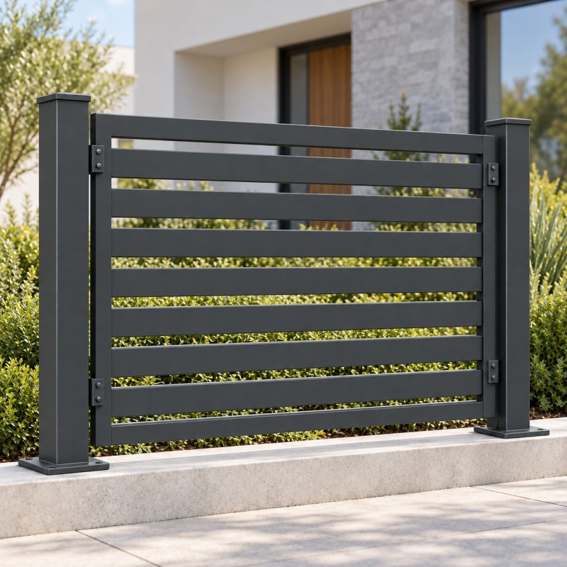 Fixed fence panel with horizontal slats on a low wall in front of a modern house