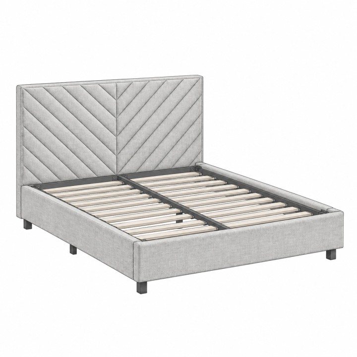 Lit tapissé Chevron sans matelas, avec le sommier à lattes visible
