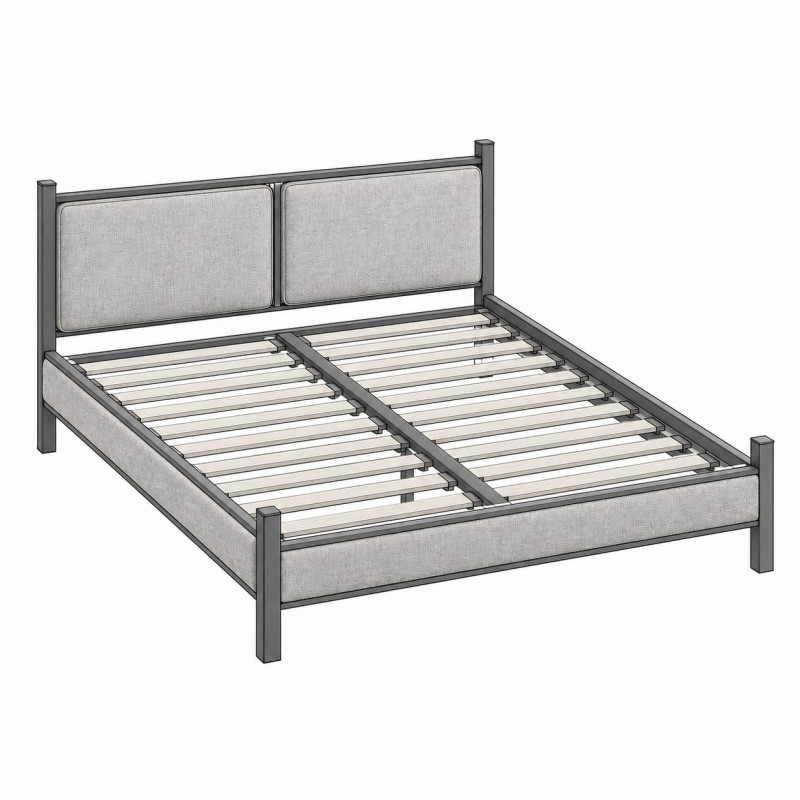 Lit tapissé Atelier en tissu gris sans matelas, avec le sommier à lattes visible