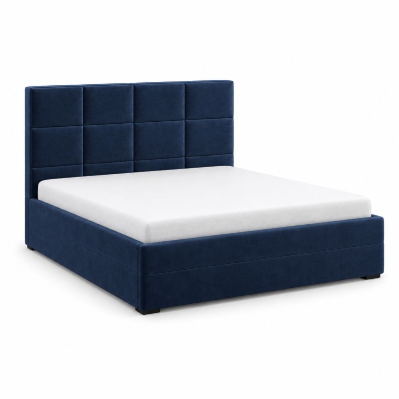 Lit coffre tapissé Quadro, tête de lit matelassée en carrés, tissu bleu marine, vue studio