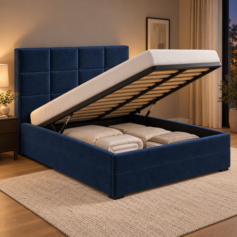 Cama tapizada Quadro abierta, con ropa de cama de repuesto guardada en el arcón