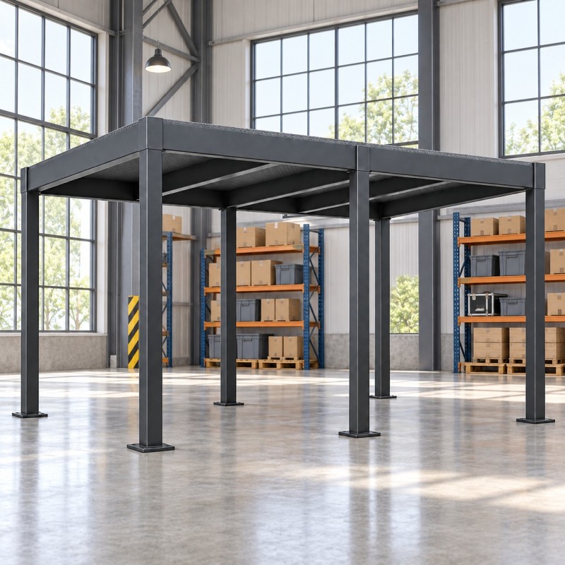 Soppalco in acciaio, in un capannone con scaffali sotto
