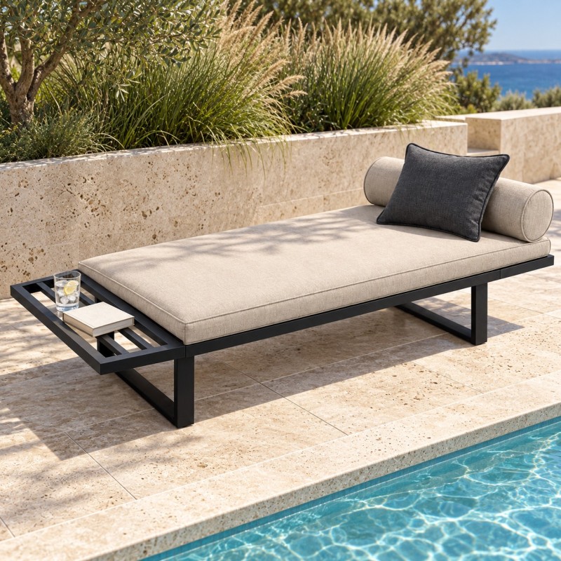 Stalowa leżanka ogrodowa daybed, z materacem przy basenie