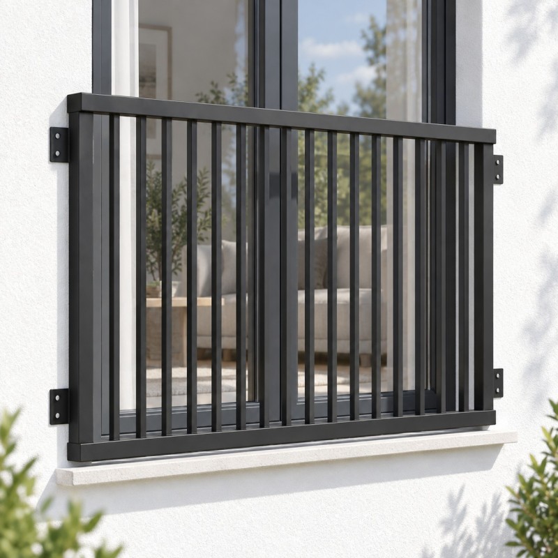 French Balcony with Vertical Bars, on a white apartment facade