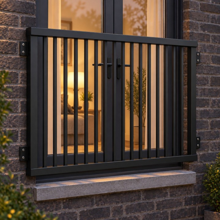 French Balcony with Vertical Bars, on a dark brick townhouse at dusk