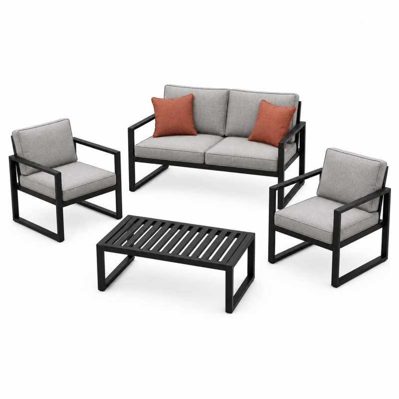 Conjunto lounge de jardín de acero, vista de estudio con cojines
