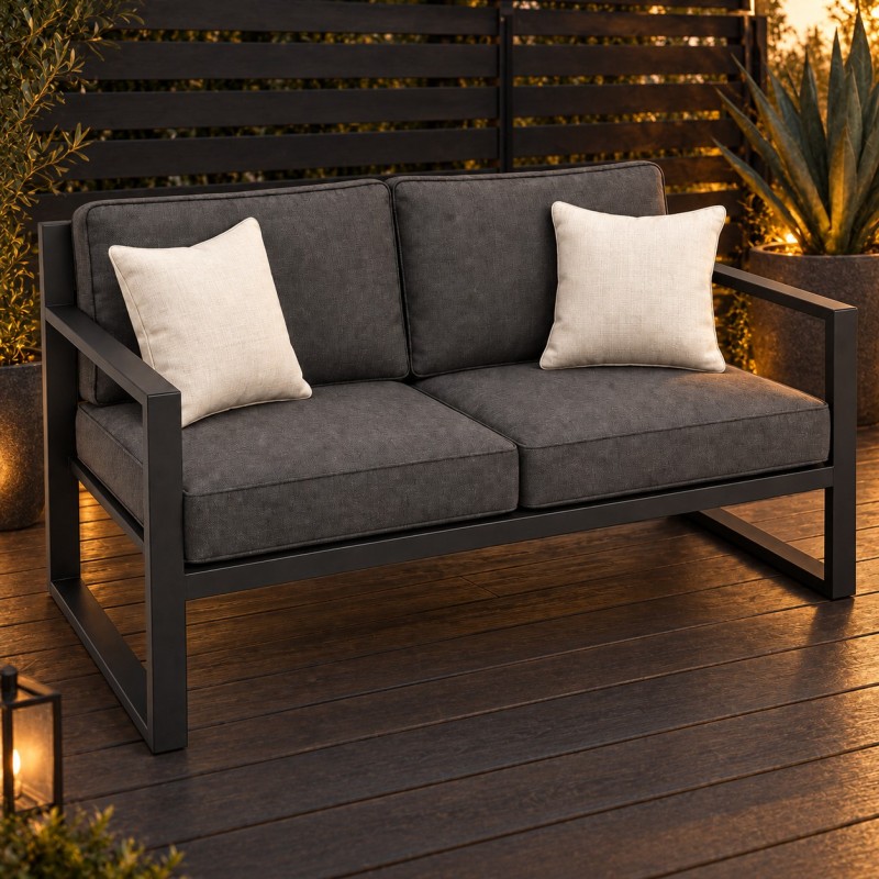 Loft Garden Sofa, with cushions on a deck by a slatted screen
