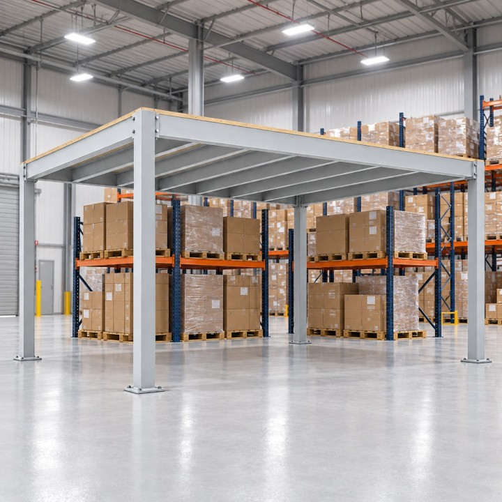 Steel Mezzanine Deck, Platform Only, in a warehouse storeroom with pallet racks underneath