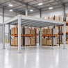 Steel Mezzanine Deck, Platform Only, in a warehouse storeroom with pallet racks underneath