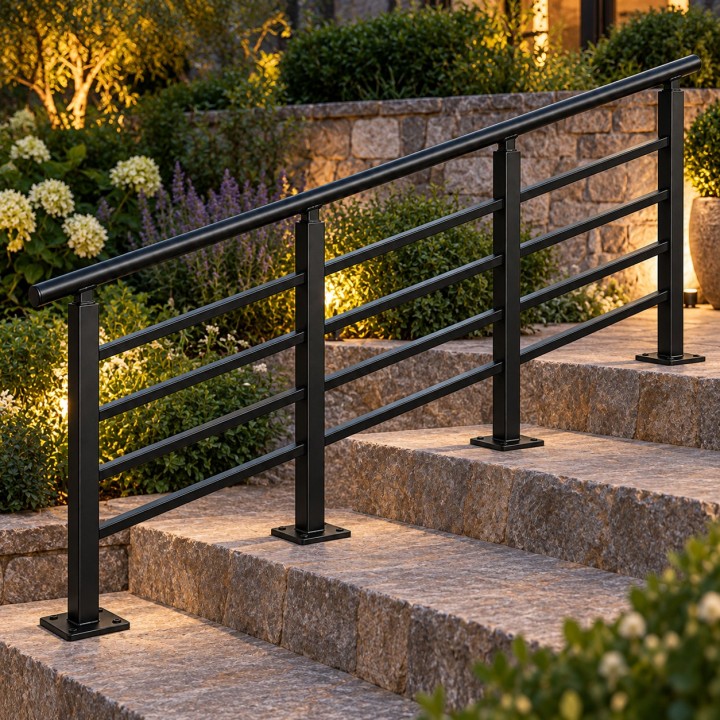 Outdoor Stair Railing, on stone garden steps in evening light