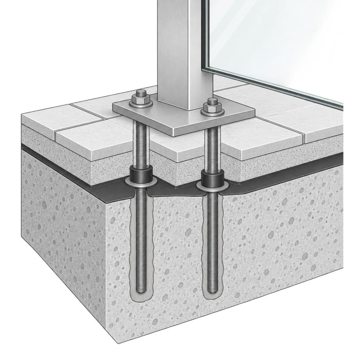 Glass Balcony Railing, illustrative fixing detail, resin-anchored rods through the floor build-up