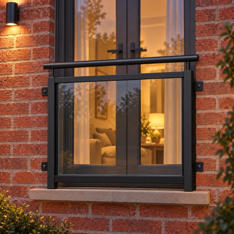 Französischer Balkon mit Glasfüllung, an einer Backsteinfassade in der Dämmerung