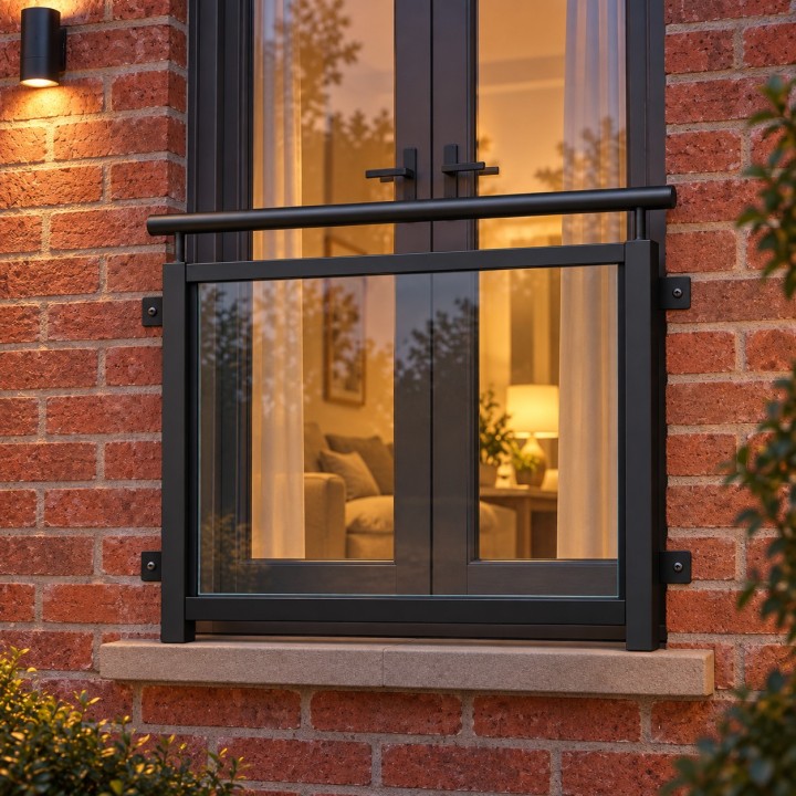 Französischer Balkon mit Glasfüllung, an einer Backsteinfassade in der Dämmerung