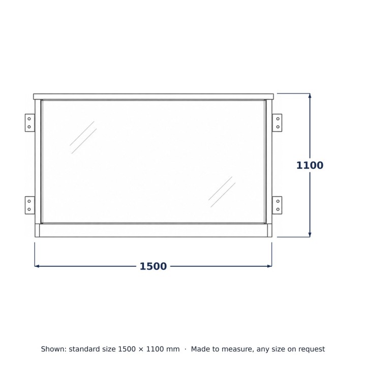 Balcone alla francese con vetro trattenuto in profilo, disegno al tratto con misure standard