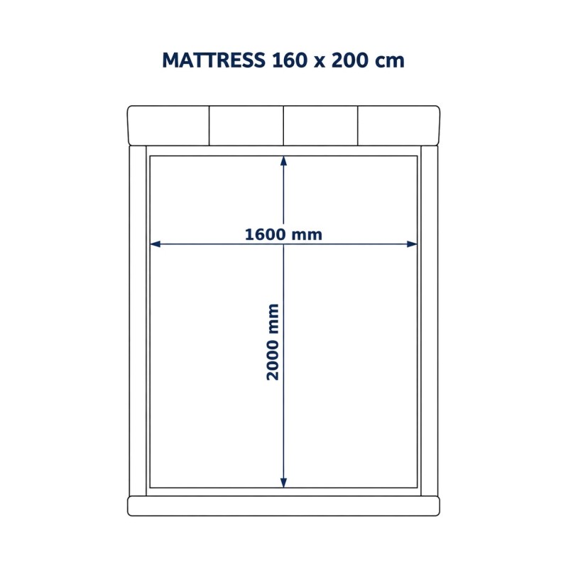 Upholstered Bed for a 160 x 200 cm Mattress, top view line drawing with mattress dimensions