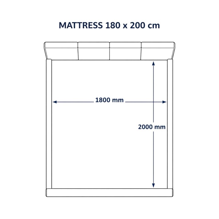 Łóżko tapicerowane pod materac 180 x 200 cm, rysunek liniowy z góry z wymiarami materaca
