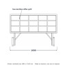 Marquesina de entrada en acero de estructura abierta, dibujo lineal con medidas estándar