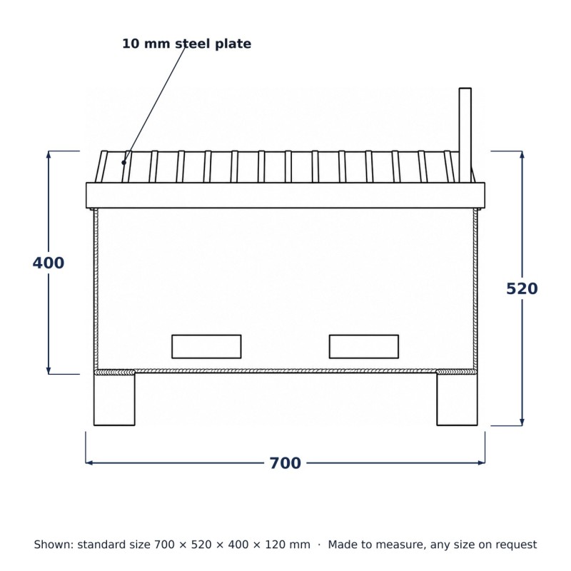 Brasero en acier avec grille de barbecue, dessin au trait avec dimensions standard