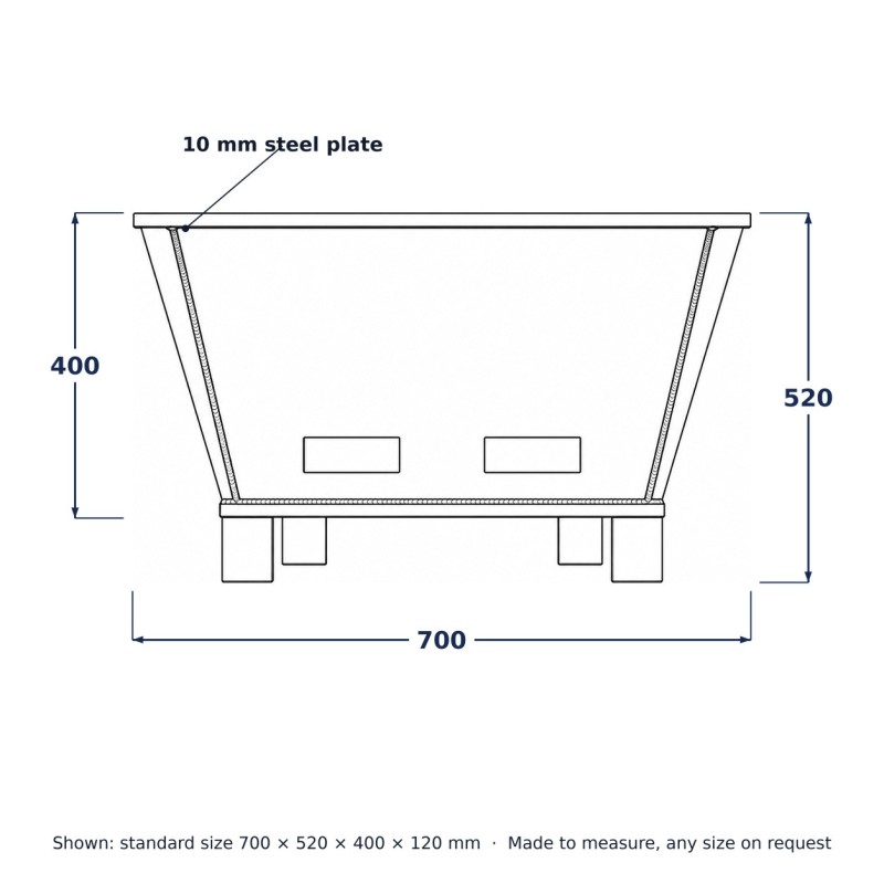 Brasero carré en acier sur pieds blocs, dessin au trait avec dimensions standard
