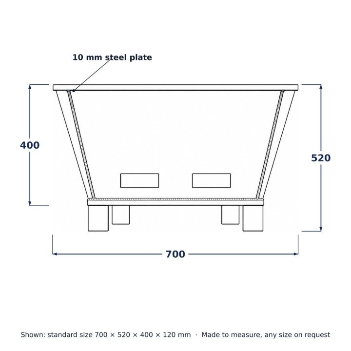 Square Steel Fire Pit on Block Legs, line drawing with standard dimensions