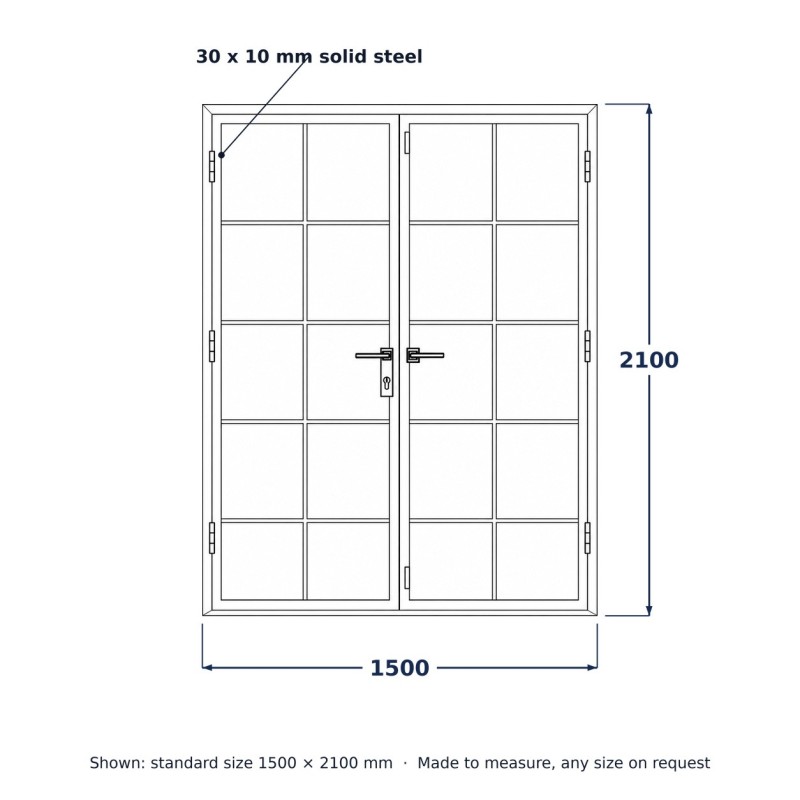 Porta Loft in Acciaio a Due Ante, disegno al tratto con misure standard