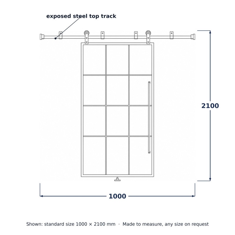 Porte verrière coulissante sur rail apparent, dessin au trait avec dimensions standard