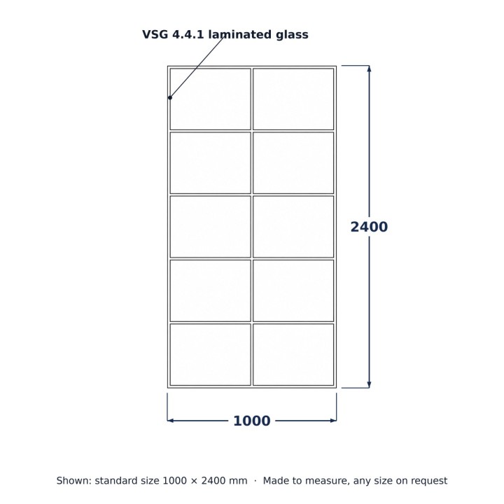 Fixed Glazed Loft Partition Wall, line drawing with standard dimensions