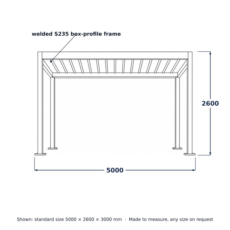 Pergola Carport in Acciaio, disegno al tratto con misure standard