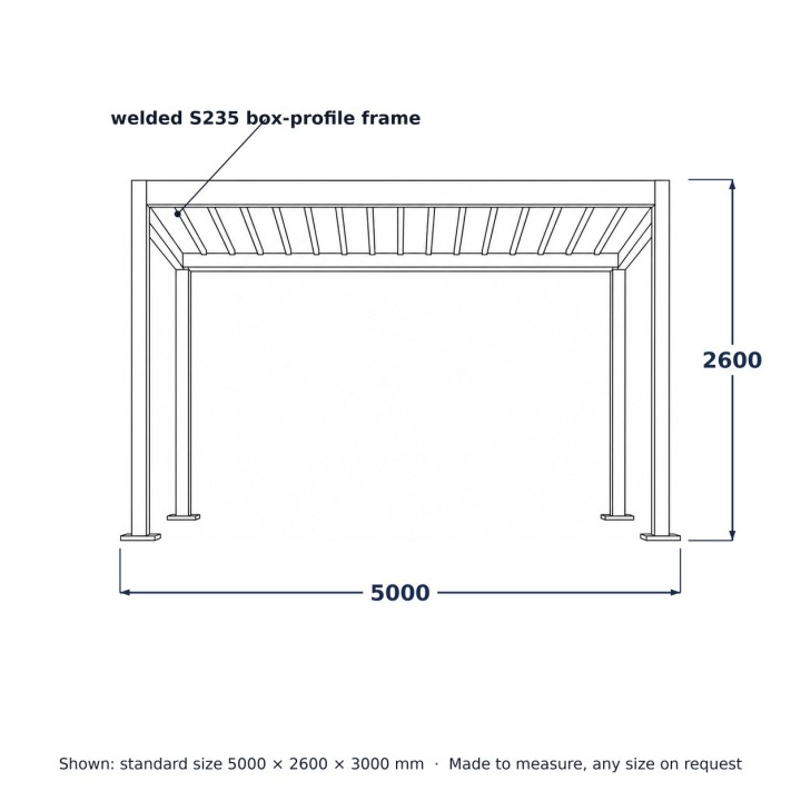 Steel Pergola Carport, line drawing with standard dimensions