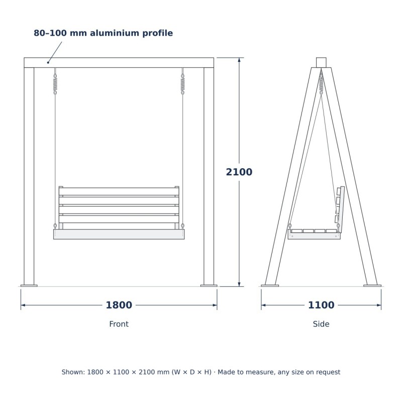 Dondolo da Giardino in Alluminio, disegno al tratto frontale e laterale con misure standard