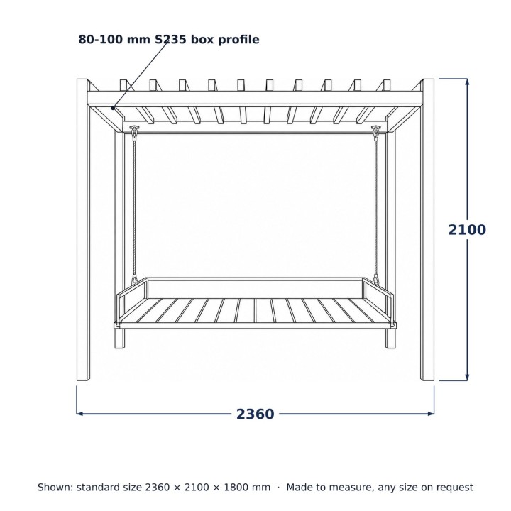 Daybed Sospeso Cabana, disegno al tratto con misure standard
