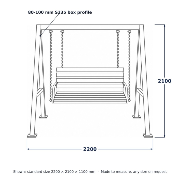 Balancelle banc en acier, dessin au trait avec dimensions standard
