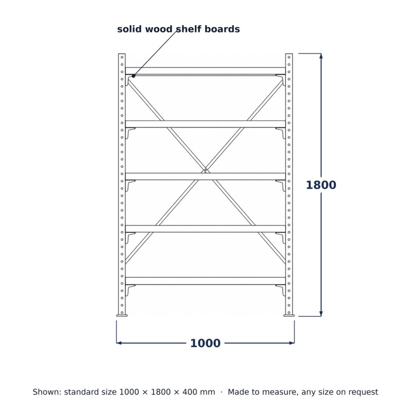 Étagère Industrielle en Acier, dessin au trait avec dimensions standard