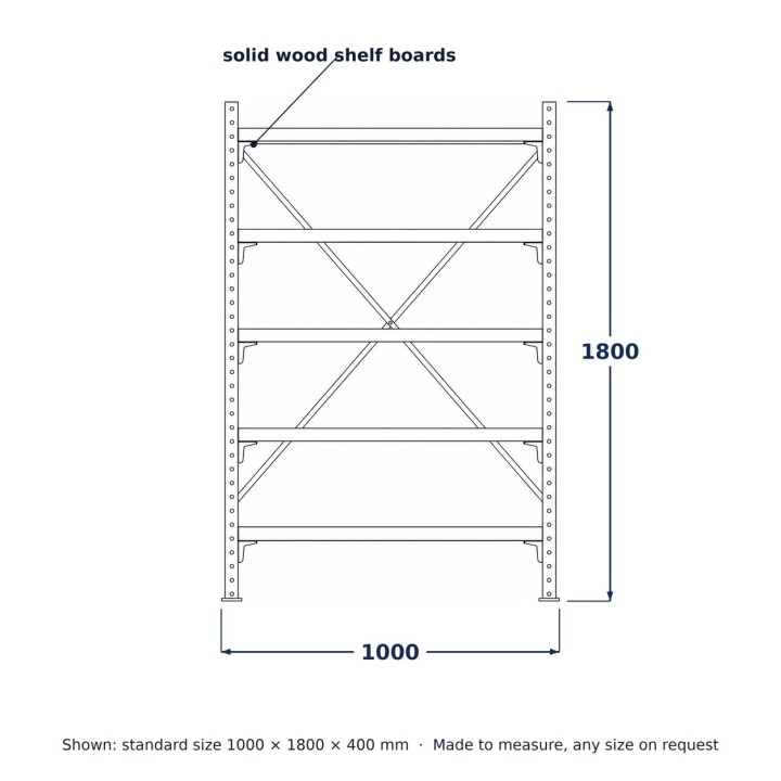 Industrial Steel Shelving Unit, line drawing with standard dimensions