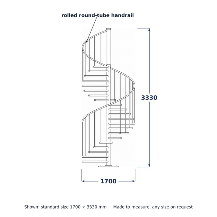 Scala a Chiocciola in Acciaio Saldato, disegno al tratto con misure standard