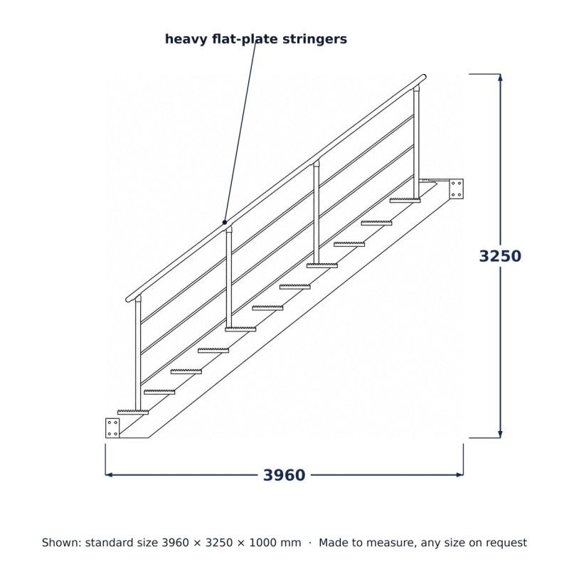 Scala Dritta in Acciaio, disegno al tratto con misure standard