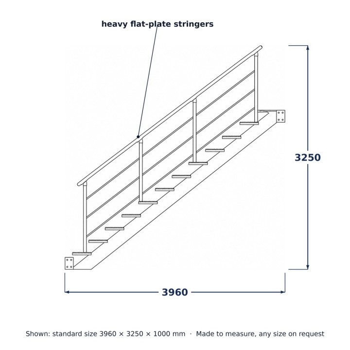 Scala Dritta in Acciaio, disegno al tratto con misure standard
