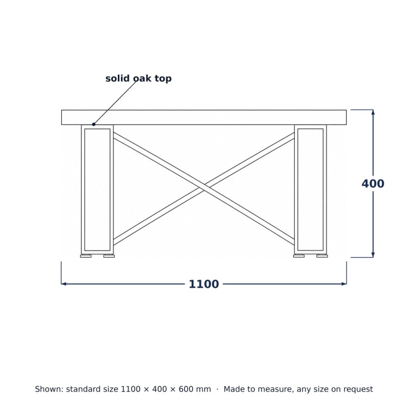 Loft Coffee Table, line drawing with standard dimensions