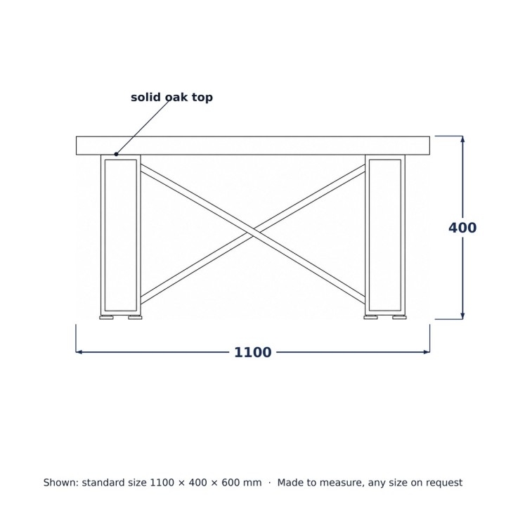 Loft Coffee Table, line drawing with standard dimensions