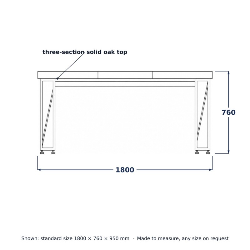 Extendable Loft Dining Table, line drawing with standard dimensions