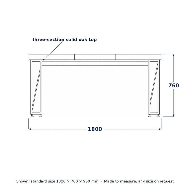 Extendable Loft Dining Table, line drawing with standard dimensions