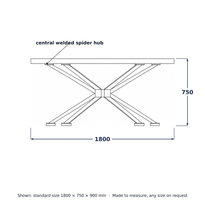 Tavolo da Pranzo con Gambe Spider, disegno al tratto con misure standard