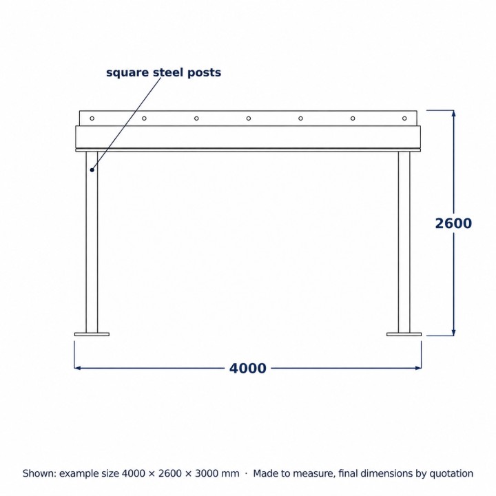 Toiture de terrasse en acier, dessin au trait avec dimensions standard