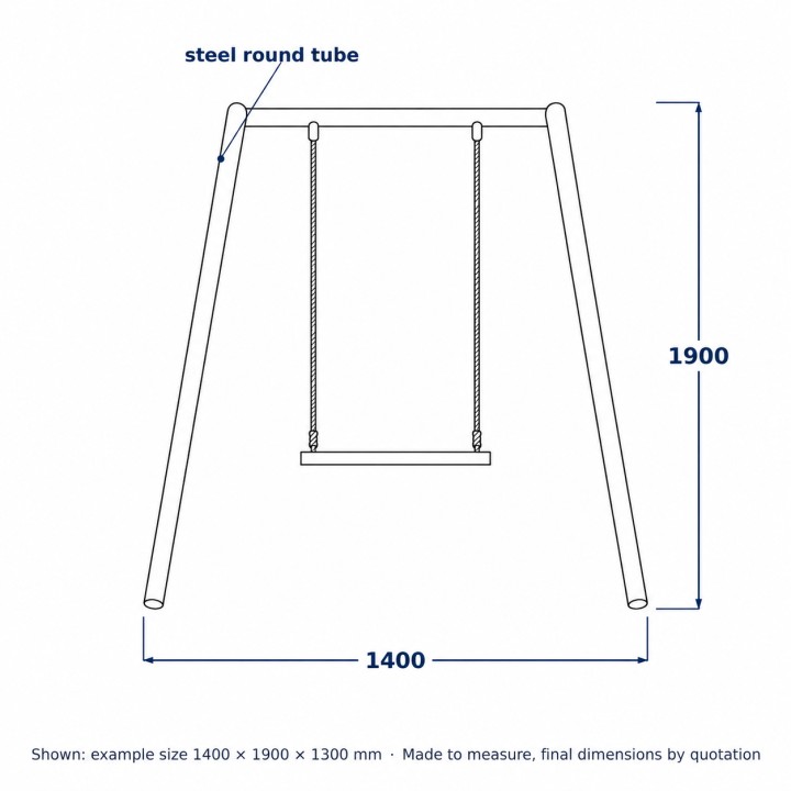 Balançoire enfant sur portique en acier, dessin au trait avec dimensions standard