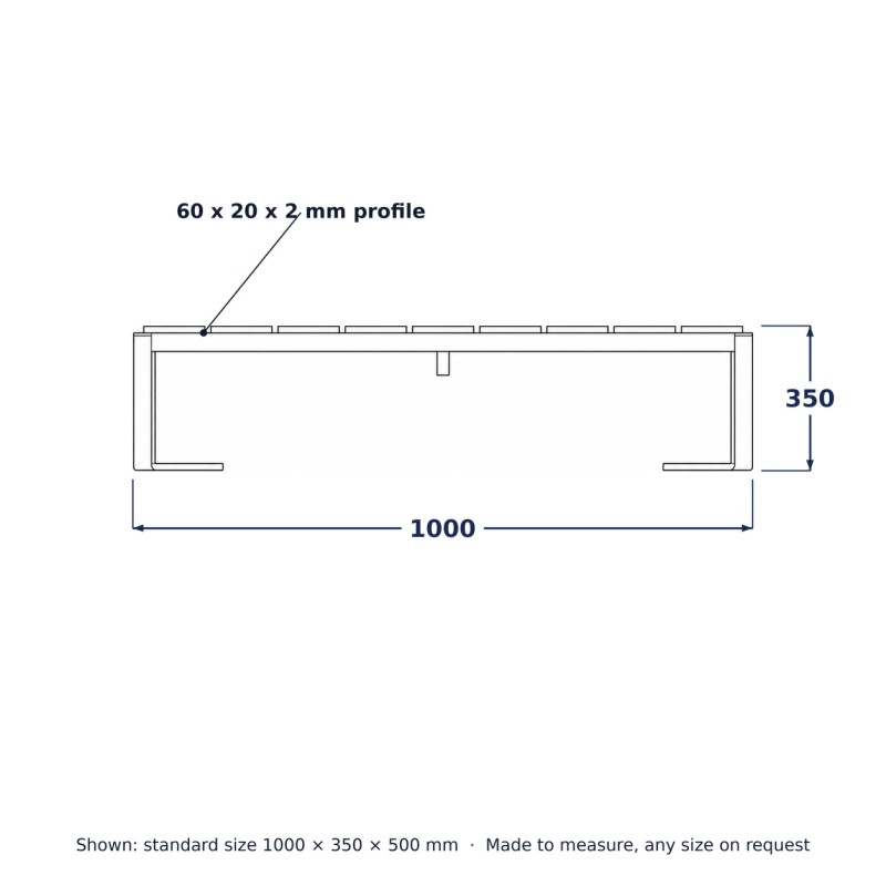 Steel Garden Coffee Table, line drawing with standard dimensions