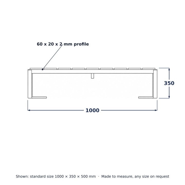 Steel Garden Coffee Table, line drawing with standard dimensions