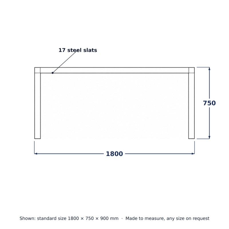 Mesa de comedor de jardín de acero, dibujo lineal con medidas estándar