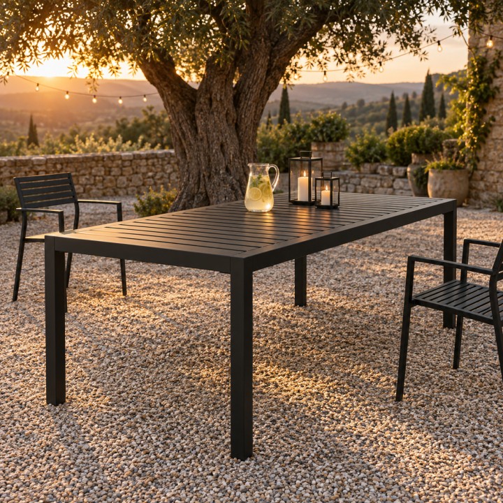 Steel Garden Dining Table, in a gravel courtyard under a tree at golden hour