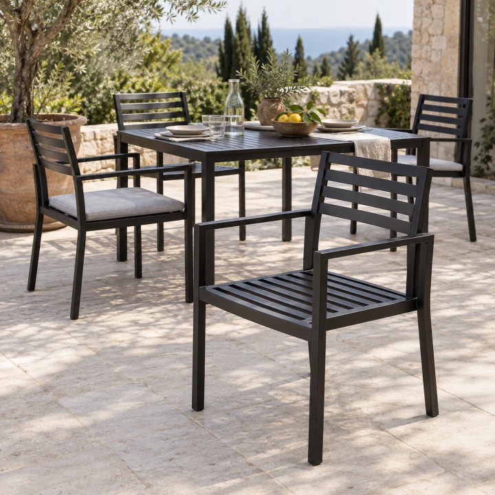 Steel Garden Dining Chair, at a garden dining table on a stone terrace